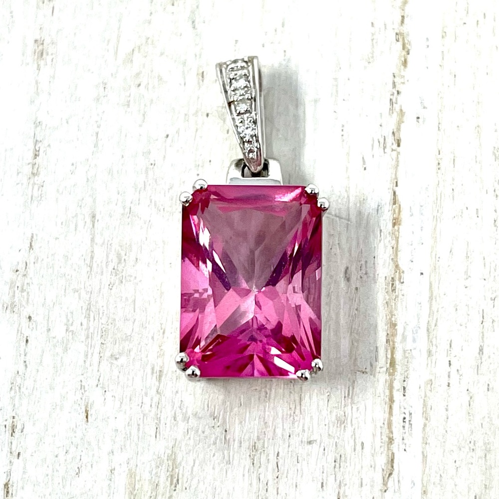 14K white gold, diamonds, pink emerald cut topaz pendant